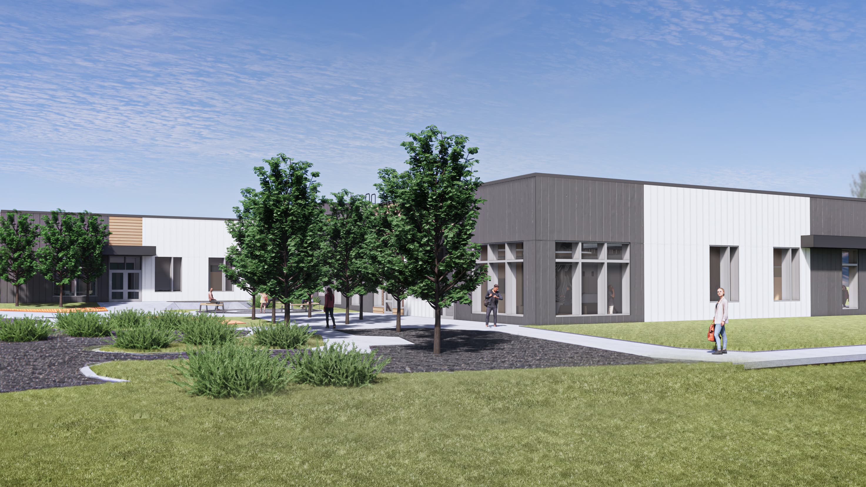 Architectural rendering of a white building with some trees in front of it